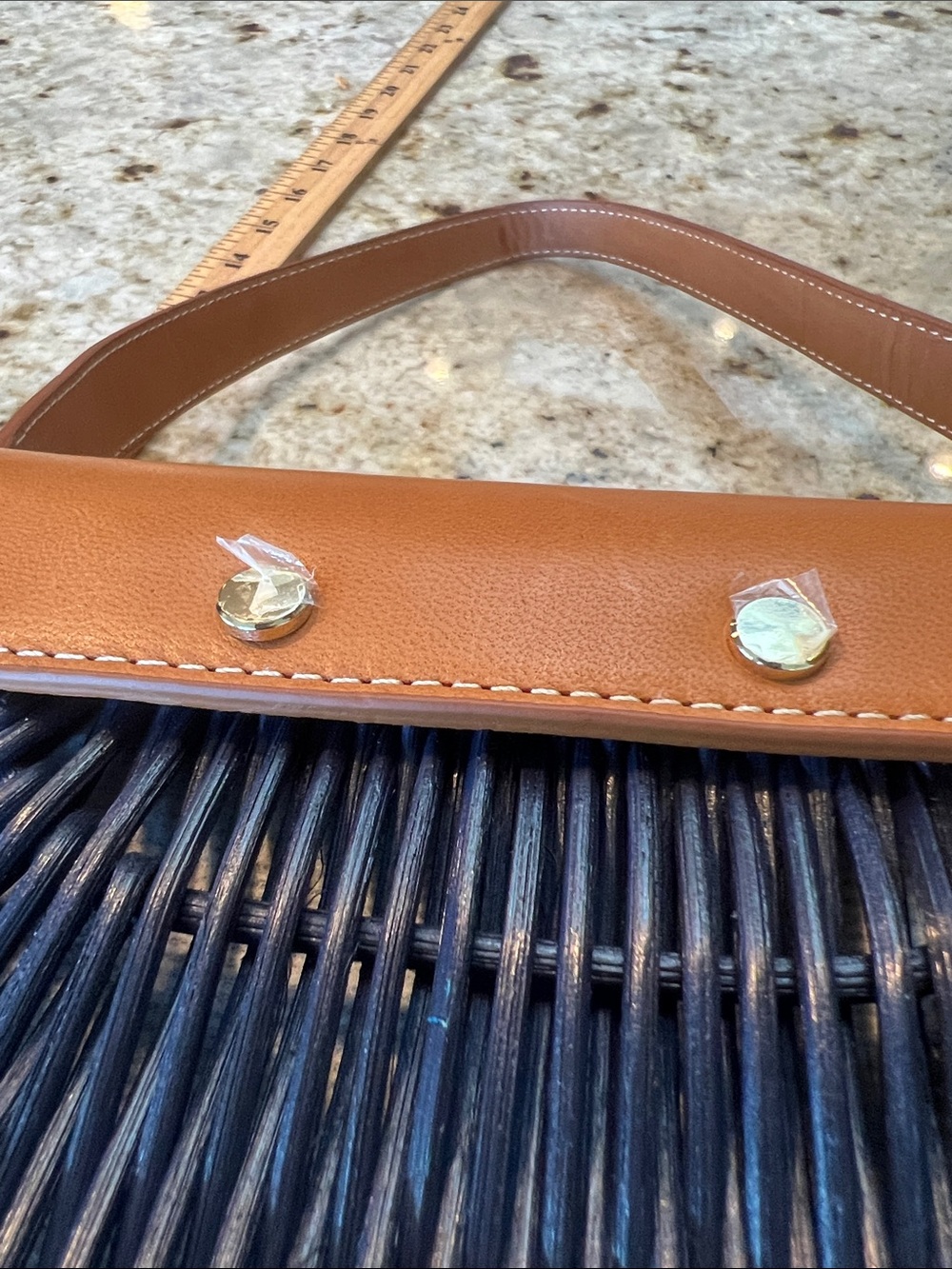 BEAUTIFUL  J. McLaughlin NAVY Wicker Shoulder Bag w brown leather strap - Picture 11 of 11